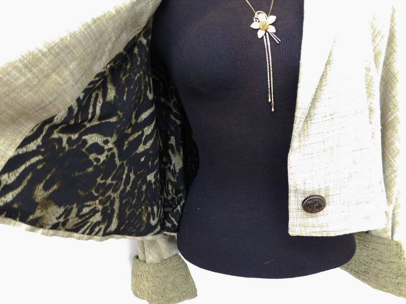 Vintage 90s Sage Green Linen Avant Garde Cropped Blazer Jacket Batwing Dolman Textured Cuffs Loose Drapey Swing L Large