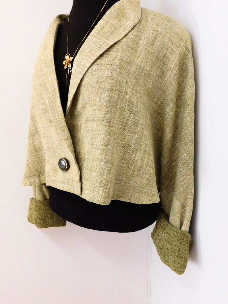 Vintage 90s Sage Green Linen Avant Garde Cropped Blazer Jacket Batwing Dolman Textured Cuffs Loose Drapey Swing L Large