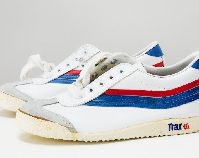 Vintage 70s 80s Athletic Tennis Shoes TRAX Kmart White Red Blue Stripes
