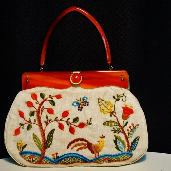 Vintage 50s 60s Embroidered Purse Kitschy Bag Butterflies Birds Floral Novelty Bohemian Chic