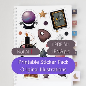May include: A printable sticker pack with original illustrations featuring a crystal ball, a book with a sun and moon, a candle, a feather, a star, and a crescent moon. The stickers are on a white background with a purple border.