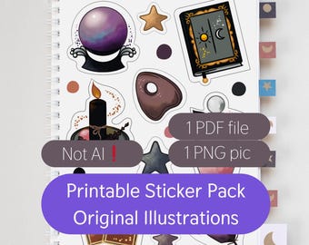May include: A printable sticker pack with original illustrations featuring a crystal ball, a book with a sun and moon, a candle, a feather, a star, and a crescent moon. The stickers are on a white background with a purple border.