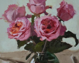 Pink roses oil painting: original art, oil on canvas panel, gift for Mother's Day