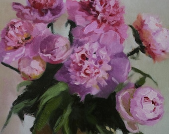 Peonies oil painting: original art, peony bouquet, gift for her, floral wall art, impressionism