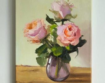Olio su tela: rose, opera originale, decorazione murale floreale