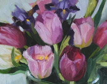 Tulips and Irises Oil Painting: Original Painting, Canvas Wall Art