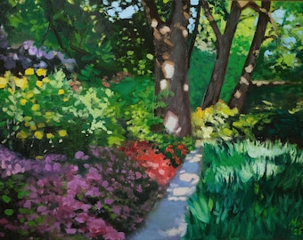 Paisagem impressionista: jardim de azaleias, arte original, impressionismo moderno, pintado à mão