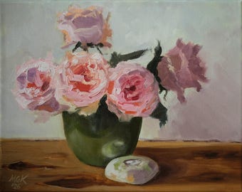 Oljemålning med rosor: originalkonst, present till mamma, canvastavla