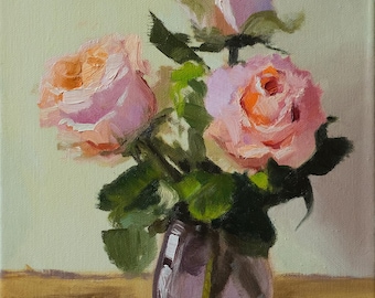 Roses oil painting: original art, canvas wall art for living room