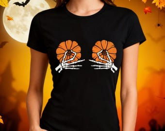 Halloween Pumpkin Skeleton Hands Tee, Retro Spooky Party Shirt