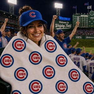 Puede incluir: Una gorra de béisbol azul con un logotipo de C roja y una manta de forro polar blanca con un patrón repetitivo del logotipo de los Chicago Cubs. La manta está colocada sobre los hombros, mostrando múltiples emblemas circulares del equipo.