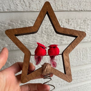 Two little cardinals tree topper with 6 inch wood star | Small Christmas or Valentine's Day Tree Topper with birds