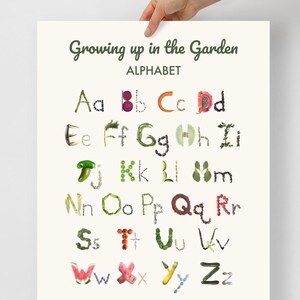 Póster del alfabeto de jardín - Impresión para aprender el abecedario en minúsculas - Arte educativo con semillas de frutas y verduras - Decoración infantil