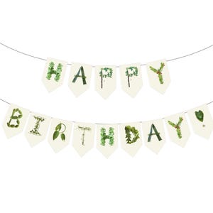 Banner de aniversário para amantes de plantas para impressão - Plant Lady | Download digital de bandeirinhas de aniversário com tema de folhas