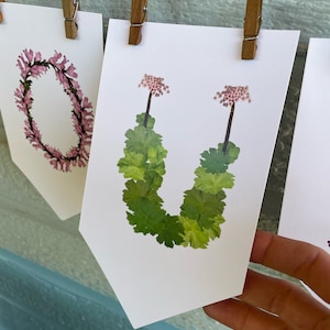 May include: White paper banners with floral illustrations are clipped to a wooden background. One banner features a wreath of pink flowers, while another displays a green leafy design with pink flower accents. The banners are held by wooden clothespins.