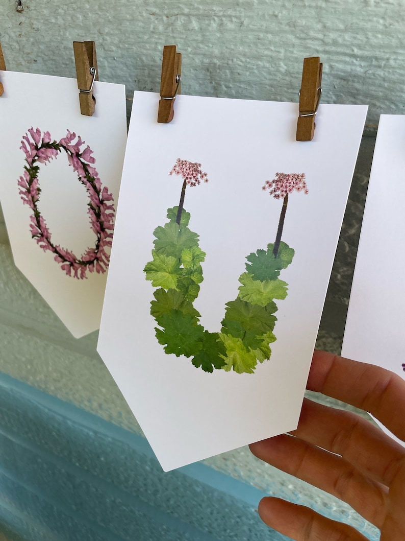 May include: White paper banners with floral illustrations are clipped to a wooden background. One banner features a wreath of pink flowers, while another displays a green leafy design with pink flower accents. The banners are held by wooden clothespins.