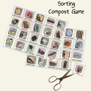 Puede incluir: Un juego educativo colorido para niños para aprender sobre el compostaje. El juego presenta 36 cartas con imágenes de diferentes artículos que se pueden compostar, como restos de frutas, posos de café y cartón. Las cartas están dispuestas en una cuadrícula con el título "Sorting Compost Game" en la parte superior.