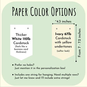 May include: An image displaying paper color options. It shows two rectangular paper samples, one white and one ivory, with text describing the cardstock weight and feel. The ivory sample is approximately 4.3 inches wide and 7 to 7.2 inches long.