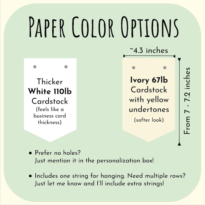 May include: An image displaying paper color options. It shows two rectangular paper samples, one white and one ivory, with text describing the cardstock weight and feel. The ivory sample is approximately 4.3 inches wide and 7 to 7.2 inches long.