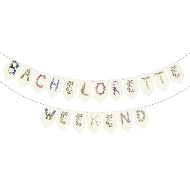 Custom floral paper banner spelling "BACHELORETTE WEEKEND" in delicate pink, sage green, and cream botanical letters. Personalized party decoration featuring pressed flower and leaf designs, perfect for bachelorette parties, bridal celebrations, and girls' weekend getaways. Elegant nature-inspired garland.