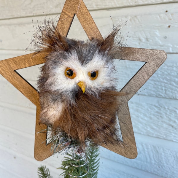 Brown Owl in Star Tree Topper | Wood Star Tree Topper with little owl | Owl Christmas Tree Topper | Woodland Tree Topper