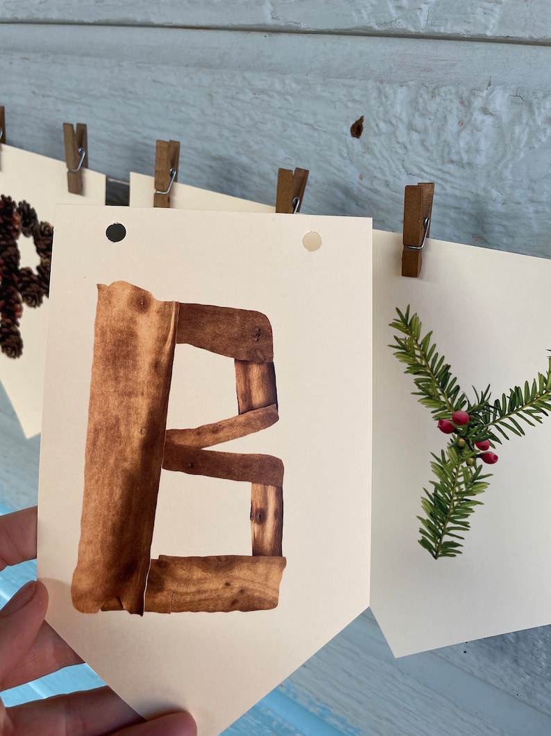 K&ouml;nnte beinhalten: Ein Banner mit dem Buchstaben "B" aus braunem Holz, zusammen mit anderen Bannern mit Naturmotiven. Das Banner wird mit einer Holzklammer vor einem hellblauen Holzgrund gehalten.