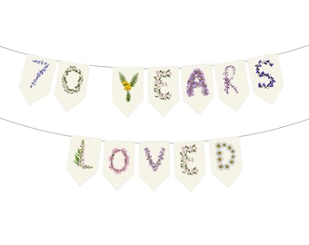 Happy 70th Birthday Banner - DIY Unstrung - Personalizable - Blooming into 70 DIY Paper Garland - Floral Party Decor -