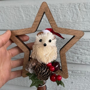 Hedgehog tree topper | Christmas Tree Topper with wood star and animal | Wood Star Rustic Tree Topper