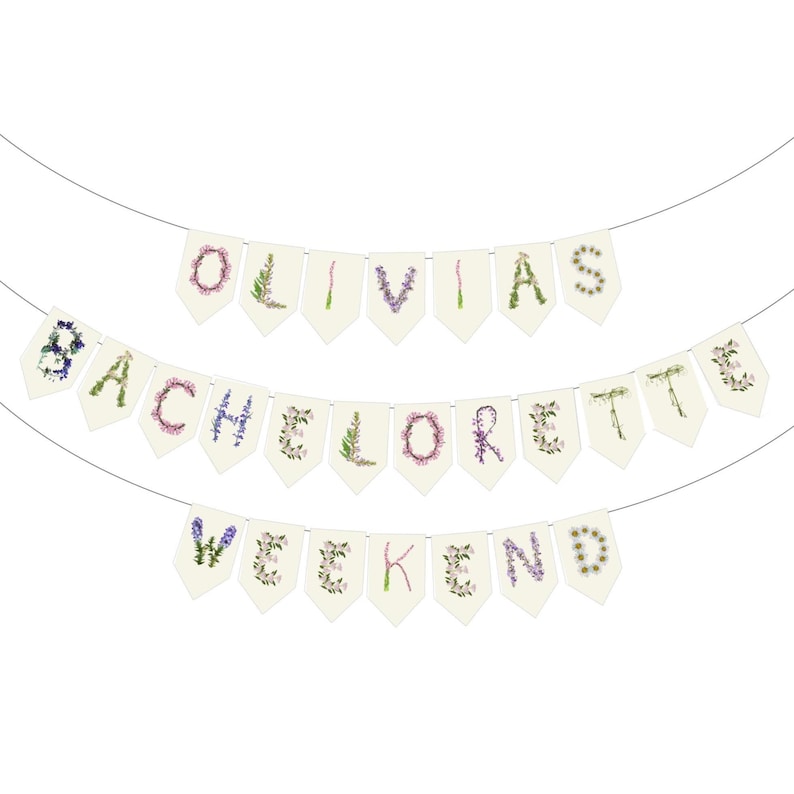 Custom floral paper banner spelling "OLIVIA'S BACHELORETTE WEEKEND" in delicate pink, sage green, and cream botanical letters. Personalized party decoration featuring pressed flower and leaf designs, perfect for bachelorette parties, bridal celebrations, and girls' weekend getaways. Elegant nature-inspired garland.