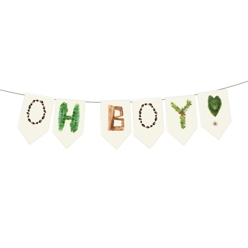 K&ouml;nnte beinhalten: Eine Girlande mit cremefarbenen Wimpeln, die die Buchstaben "O H B O Y" bilden. Die Buchstaben sind mit nat&uuml;rlichen Elementen wie Bl&auml;ttern und Beeren verziert, was eine rustikale, botanische &Auml;sthetik erzeugt. Die Girlande ist an einem d&uuml;nnen Draht befestigt.