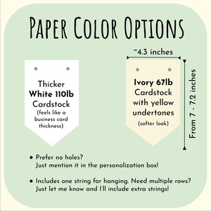 May include: An informational graphic titled "PAPER COLOR OPTIONS" shows two paper samples. One is thicker white 110lb cardstock, the other is ivory 67lb cardstock with yellow undertones. The ivory sample is approximately 4.3 inches wide and 7 to 7.2 inches tall.