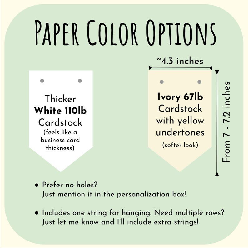 May include: An informational graphic titled "PAPER COLOR OPTIONS" shows two paper samples. One is thicker white 110lb cardstock, the other is ivory 67lb cardstock with yellow undertones. The ivory sample is approximately 4.3 inches wide and 7 to 7.2 inches tall.