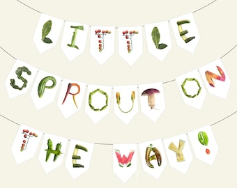 Little Sprout on the Way Banner - Farmers Market Baby Shower Decor - A Little Sprout Baby Shower - Personalizable Veggie Banner (Unstrung)