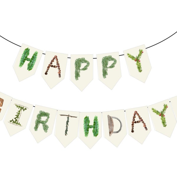 Forest Birthday Banner | Add a Name or make a Custom Nature themed Pennant Banner - String yourself