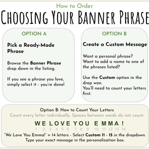 May include: Image detailing how to order a custom banner phrase. Option A: select a ready-made phrase. Option B: create a custom message. Includes instructions on counting letters for personalization. Example: "We Love You Emma!" is 14 letters.