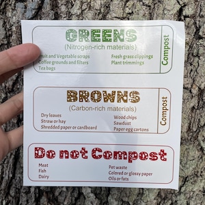Compost Sticker Sheet - 3 Vinyl labels for greens and brown compost bins