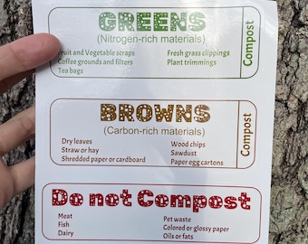 Compost Sticker Sheet - 3 Vinyl labels for greens and brown compost bins