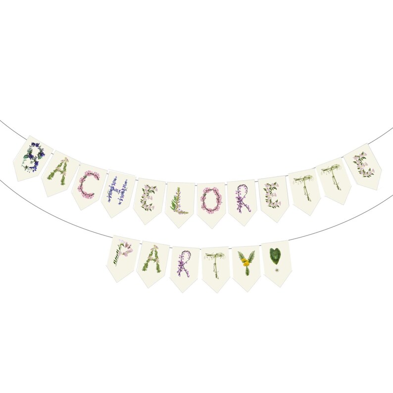 Custom floral paper banner spelling "BACHELORETTE PARTY" in delicate pink, sage green, and cream botanical letters. Personalized party decoration featuring pressed flower and leaf designs, perfect for bachelorette parties, bridal celebrations, and girls' weekend getaways. Elegant nature-inspired garland.