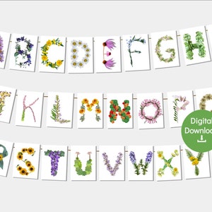 Wildflower Alphabet Printable Hanging Letter Cards | Phonetic flower alphabet for nursery, playroom or classroom | Instant Digital Download