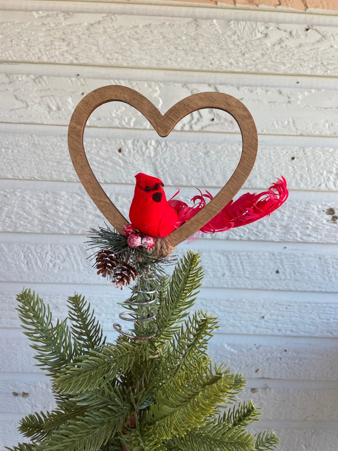 Cardinal Tree Topper Red Bird in a Wood Heart for Your Nature or Love
