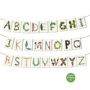Banner imprimible del alfabeto de la naturaleza - ABC botánico para el aula - Reggio inspirado en el mundo natural