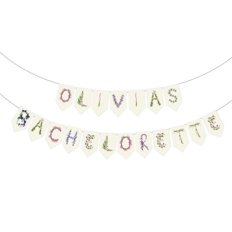 Custom floral paper banner spelling "OLIVIA'S BACHELORETTE" in delicate pink, sage green, and cream botanical letters. Personalized party decoration featuring pressed flower and leaf designs, perfect for bachelorette parties, bridal celebrations, and girls' weekend getaways. Elegant nature-inspired garland.