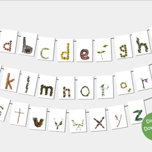 Cartes alphabet nature - bannière imprimable en minuscules sur le thème de la botanique avec image intégrée de graines, de plantes et de fleurs