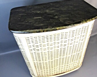 Vintage Pearl-Wick Hamper 19" x 20" White Wicker Faux Marble Top Laundry Basket