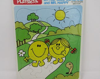 Vintage 1981 Playskool Little Miss Sunshine & Mr. Happy Wood Jigsaw Puzzle 13 Pc