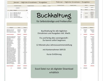 Accounting Excel template for self-employed & freelancers for income/expenses | 12 months (Jan-Dec), annual overview, introduction