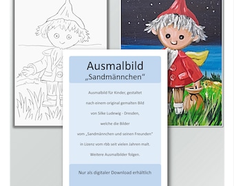 Könnte beinhalten: Ein digitaler Download mit drei Bildern: ein Farbbild, eine Schwarz-Weiß-Linienzeichnung und eine blaue Informationskarte. Das Gemälde zeigt eine Sandmann-Figur in rotem Mantel und Hut. Die Karte hat deutschen Text.