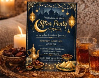 May include: An invitation for an Iftar Party with a navy blue background, gold accents, and a crescent moon design. The invitation includes details about the event, such as the date, time, and location. The invitation is surrounded by dates, tea, and candles.