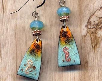 925 Fish Gold Stone Artisan Jewelry by Annaart72 Handmade Enamel Seahorse Earrings Sea Side Green Turquoise Blue Sterling Earring