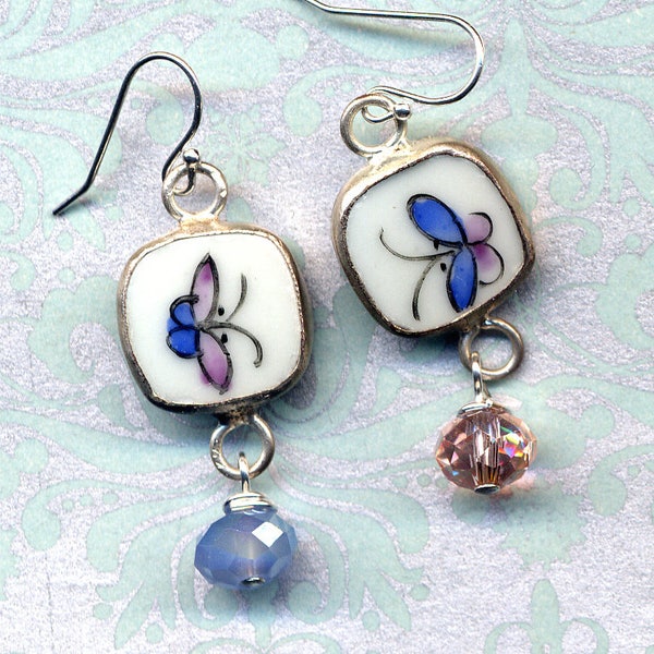 Butterfly Earrings, Asymmetrical Antique Porcelain Earrings on Sterling Silver Ear Wire, Blue Pink White Earrings, Fly Porcelain Jewelry